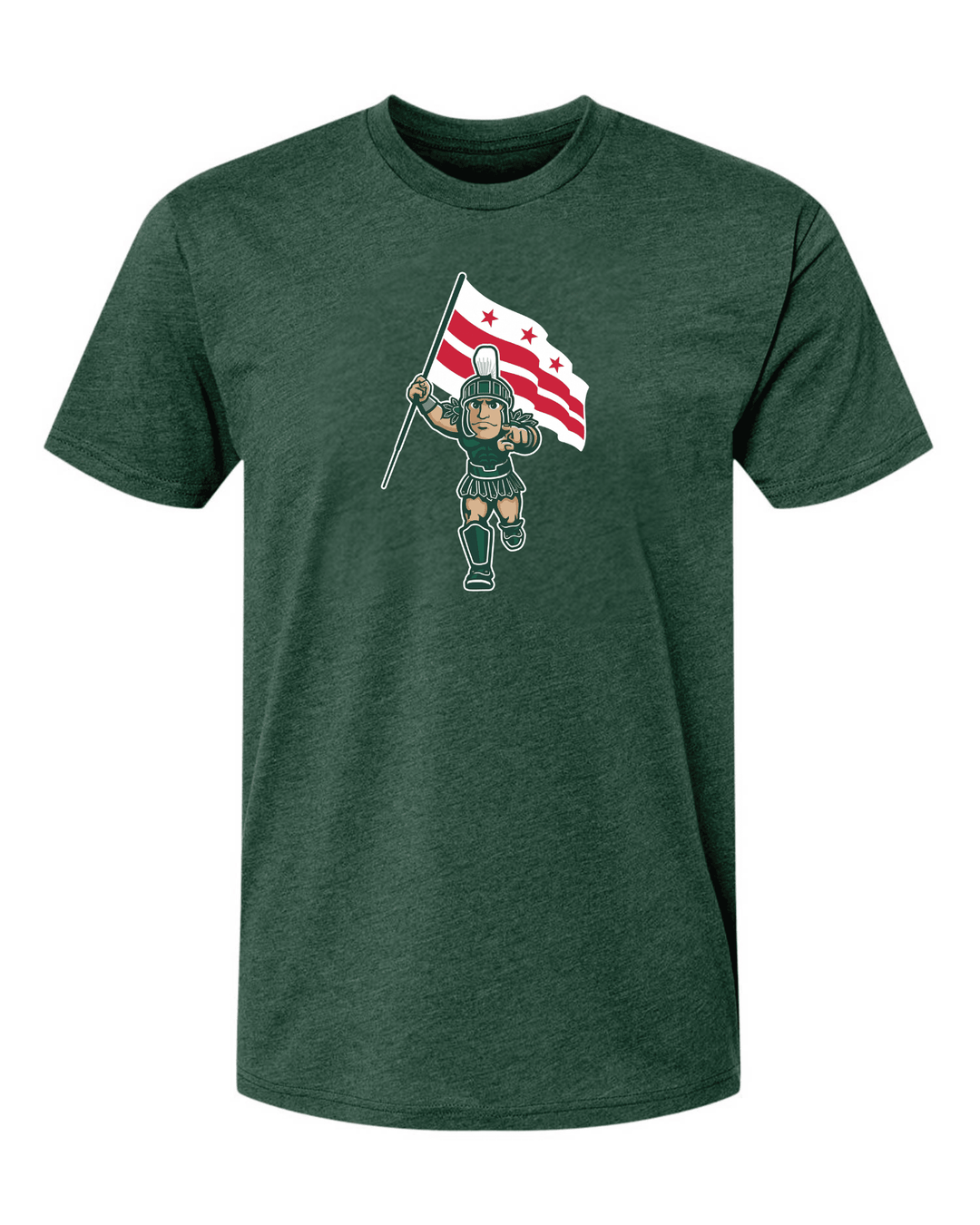 Green Michigan State D.C. Spartans t-shirt with design of Sparty holding Washington D.C. flag across the chest.