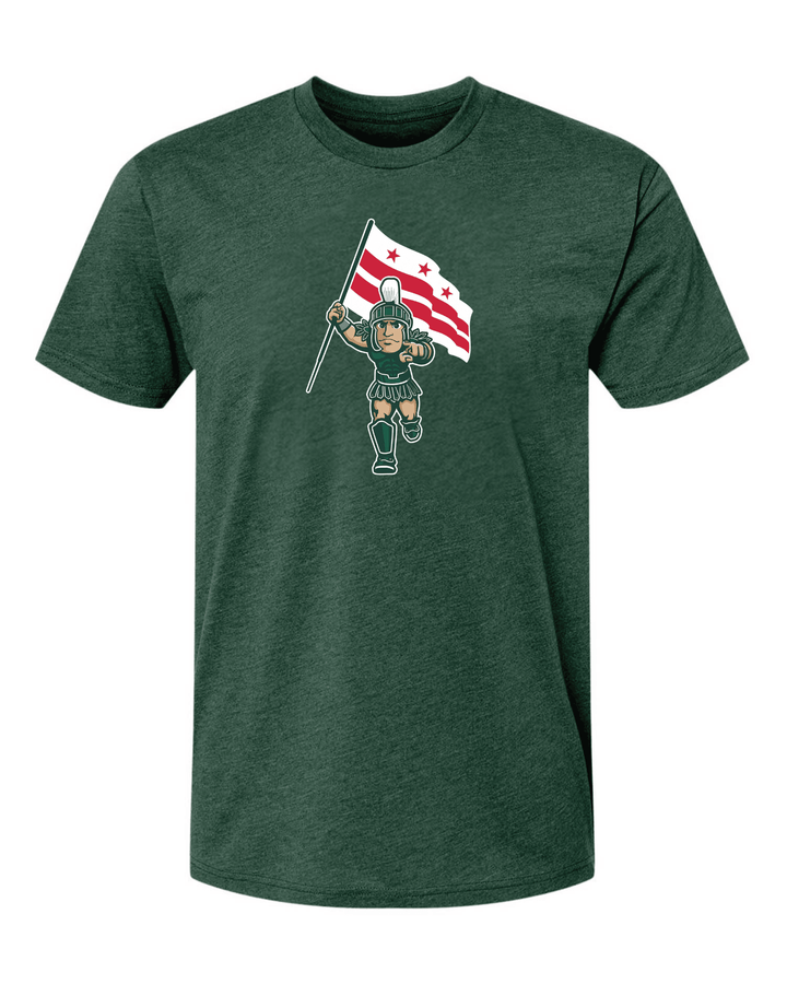 Green Michigan State D.C. Spartans t-shirt with design of Sparty holding Washington D.C. flag across the chest.