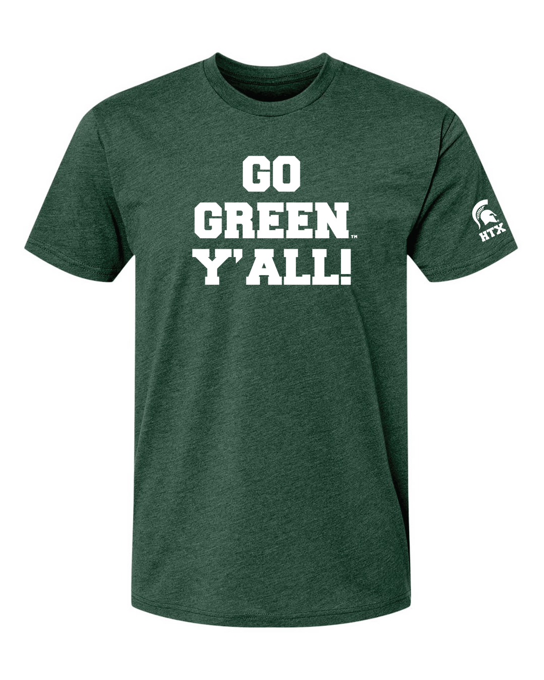 Green Michigan State Shirt with 'GO GREEN Y'ALL!' text and a Spartan Helmet on the left sleeve. 