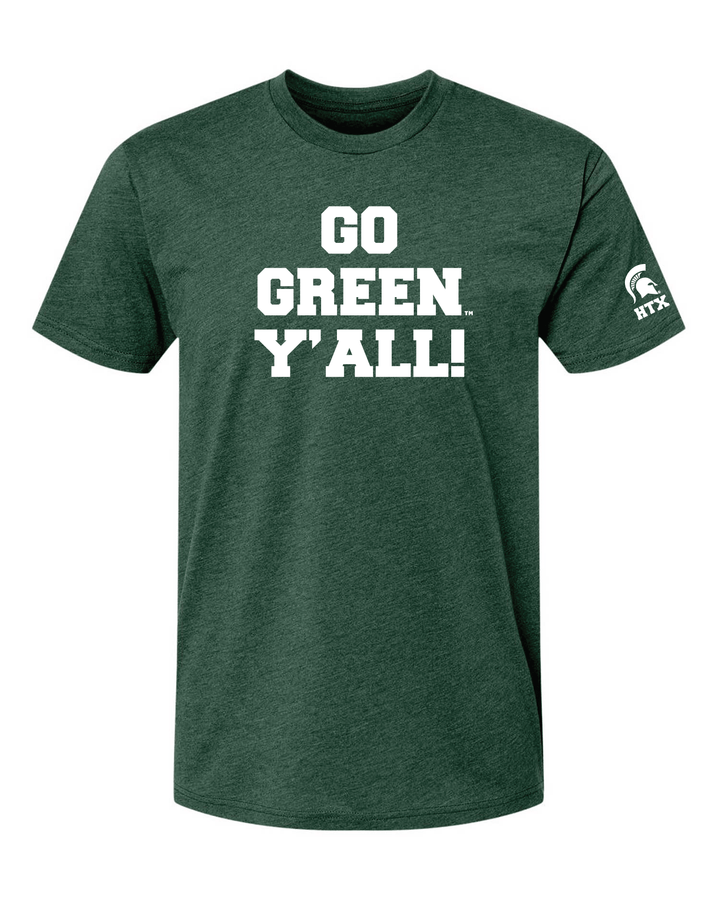 Green Michigan State Shirt with 'GO GREEN Y'ALL!' text and a Spartan Helmet on the left sleeve. 