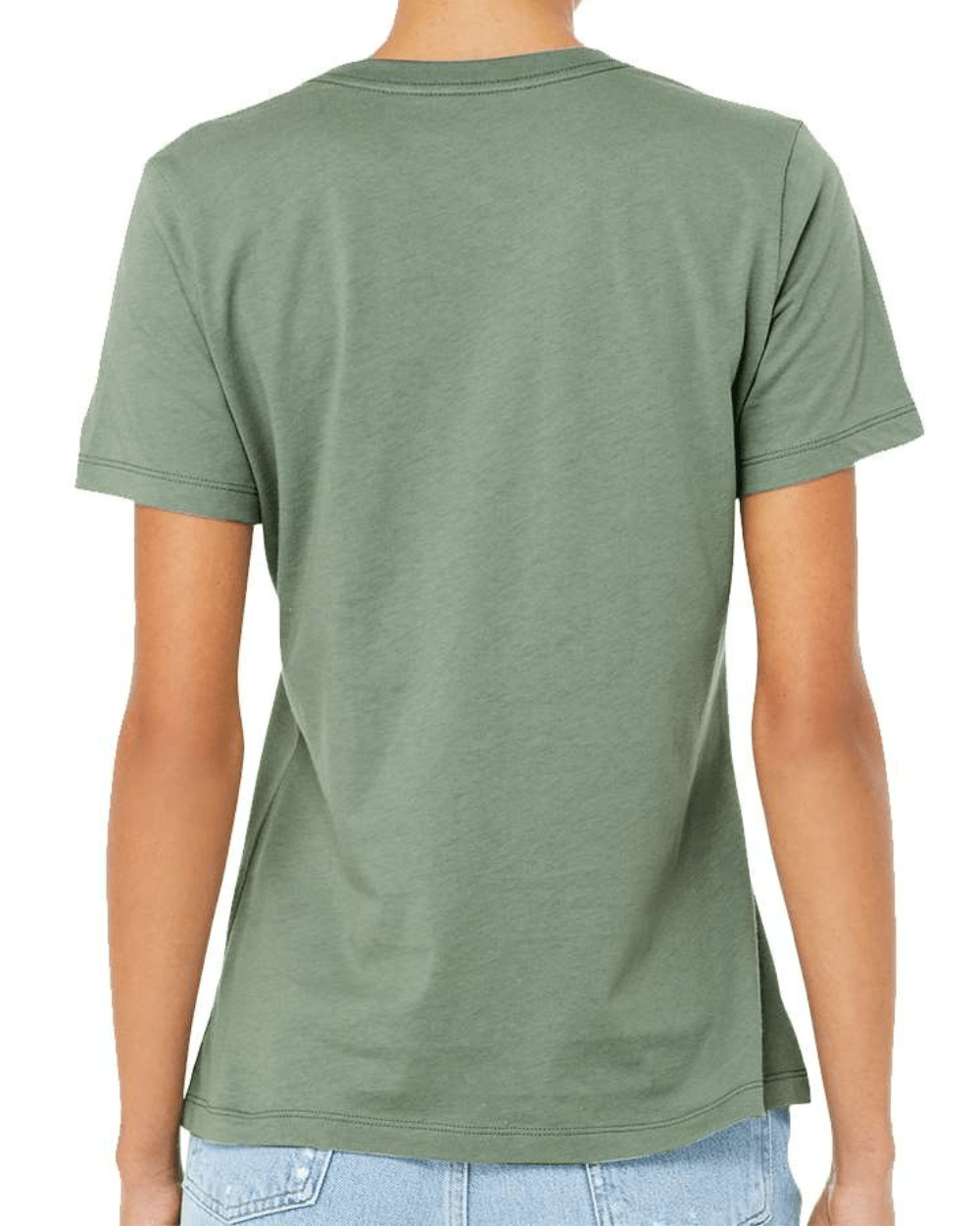 Backside view of woman wearing light green Michigan State shirt.