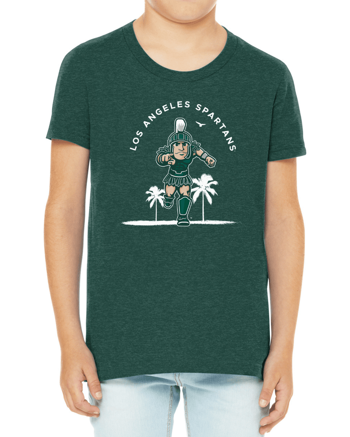 Green Michigan State Los Angeles Spartans shirt with Sparty logo and palm trees design.
