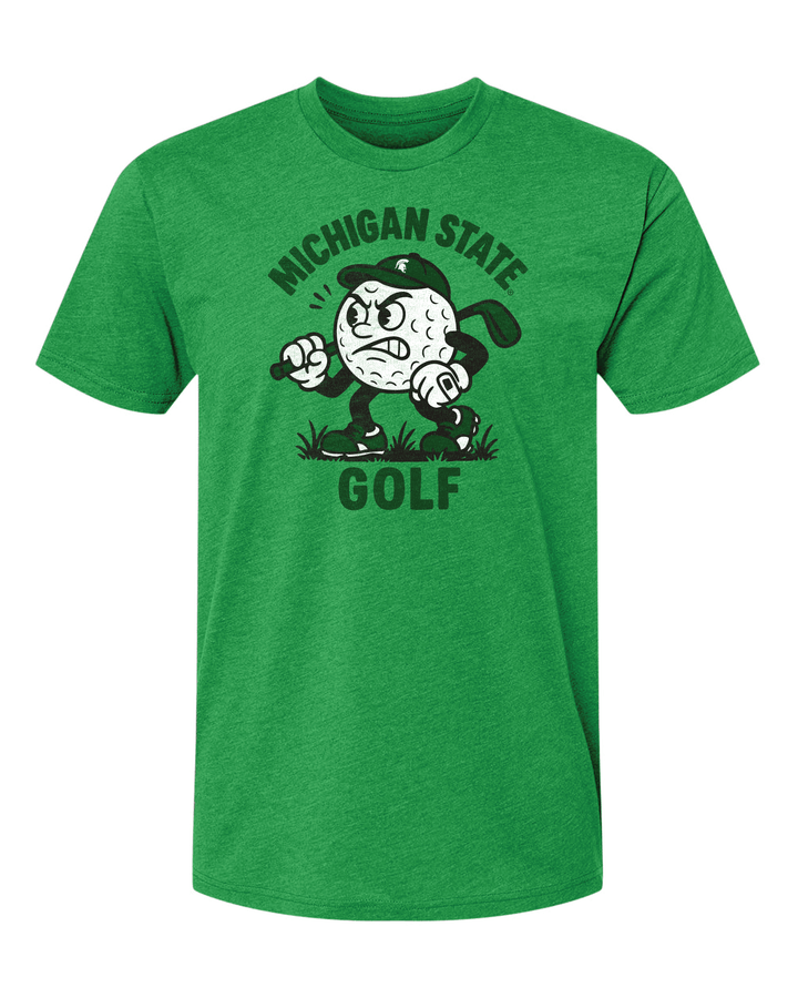 Green Michigan State shirt with retro looking Mr. Golf character printed on the front in white and forest ink. 
