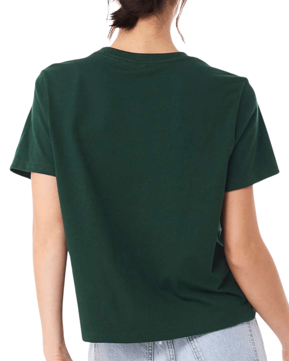 Backside shot of woman wearing green Michigan State t-shirt.