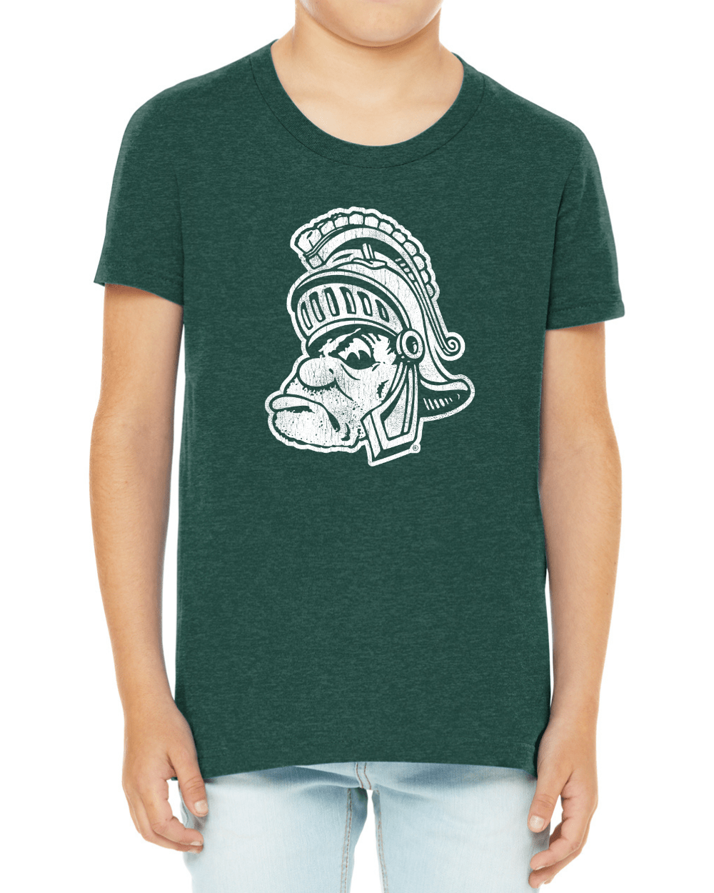 Green Michigan State shirt with Gruff Sparty logo printed on chest on person.
