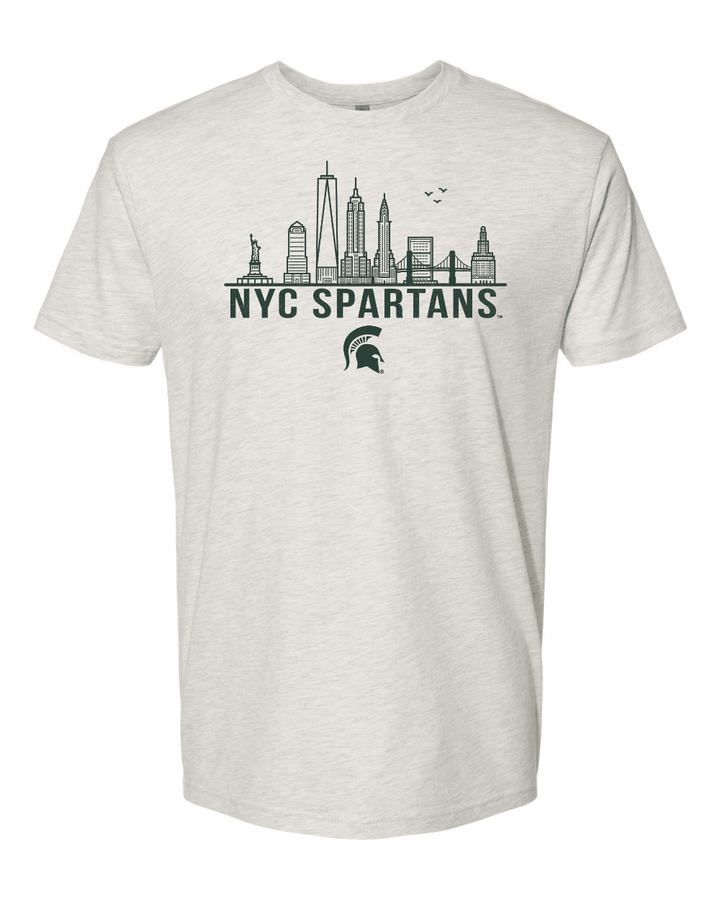 White Michigan State NYC Spartans shirt with New York skyline design across the chest.