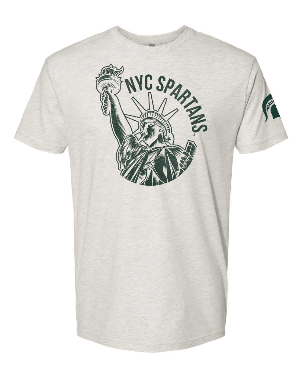 White Michigan State NYC Spartans shirt with Statue of Liberty design across the chest area.