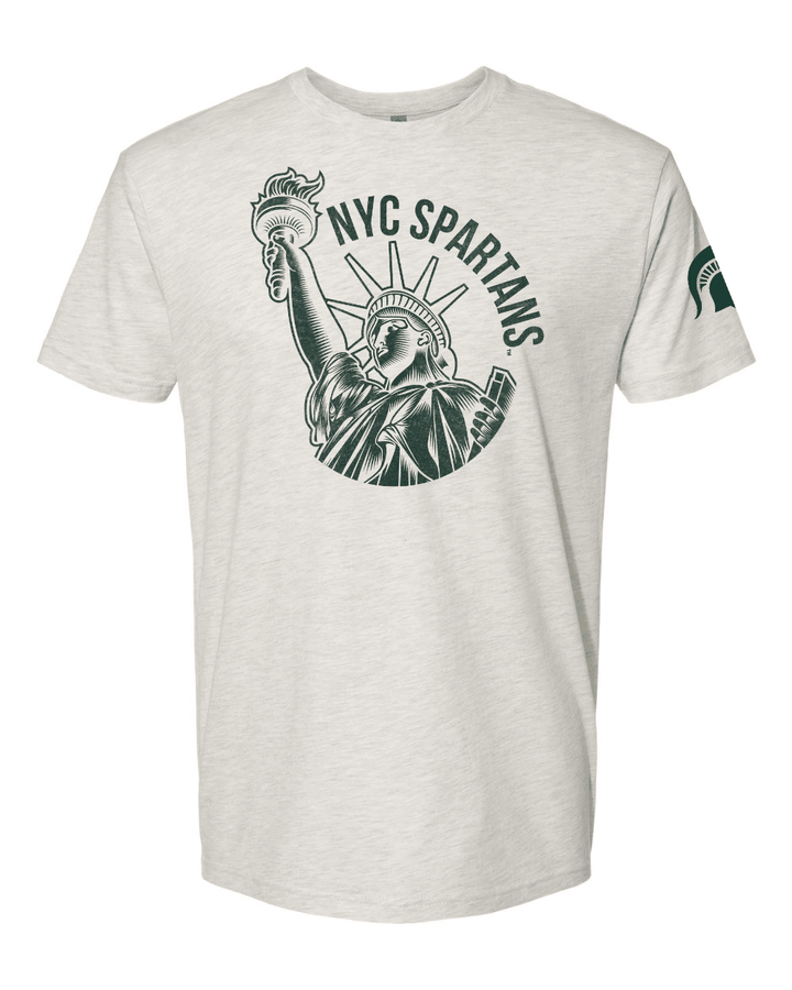 White Michigan State NYC Spartans shirt with Statue of Liberty design across the chest area.