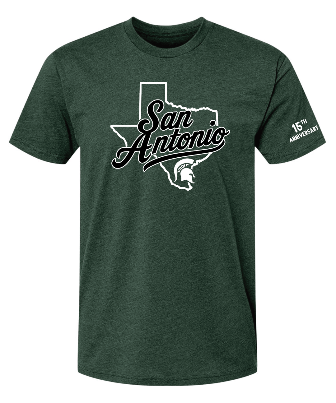 Front view of a Michigan State shirt for the San Antonio Spartans alumni club. Printed in white and black ink on a forest green tee with "15th Anniversary" on the sleeve.