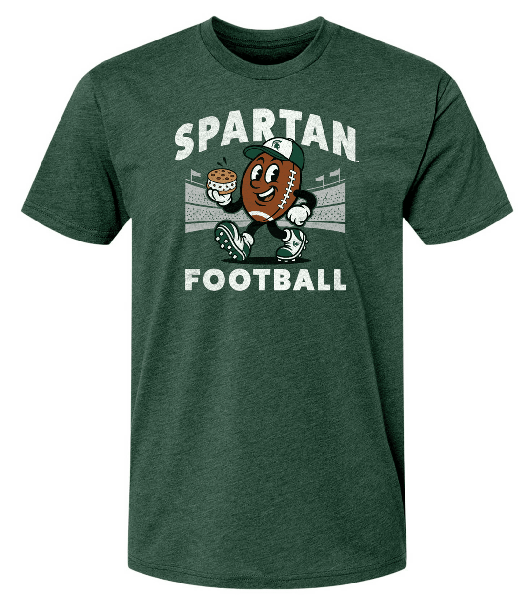 A dark green heathered short-sleeve t-shirt with a graphic on the chest that reads 'SPARTAN FOOTBALL' in white, featuring a cartoon football mascot wearing a green cap and holding a burger and a football.