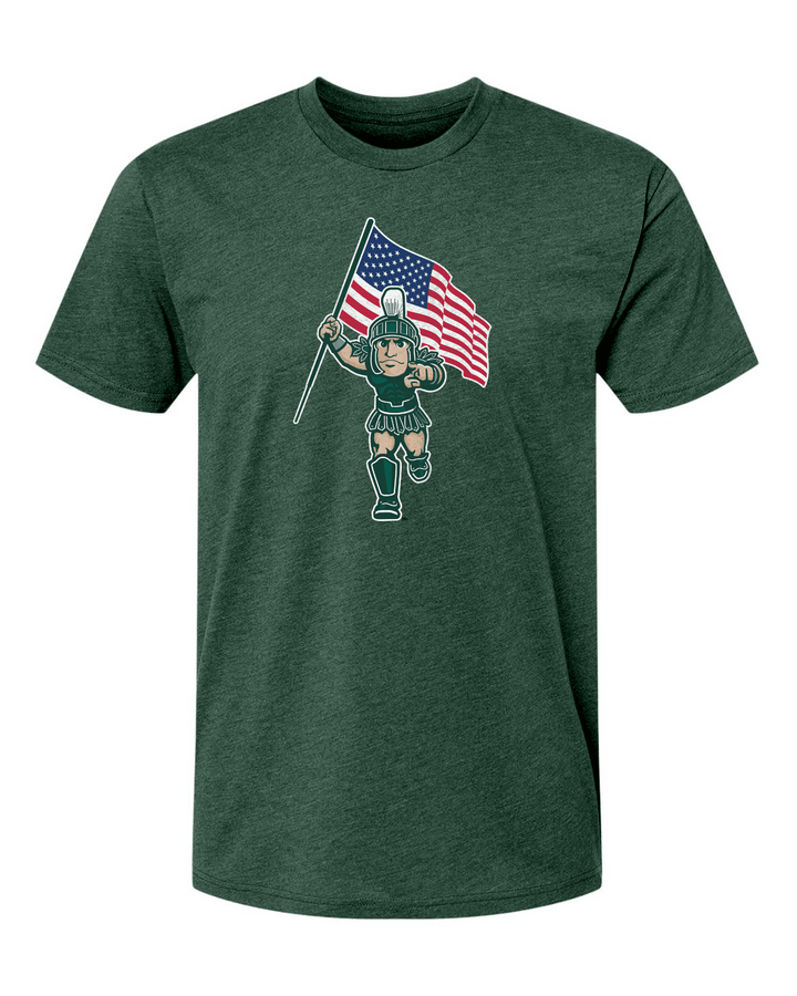 Green Michigan State shirt with Sparty holding USA flag design across chest.