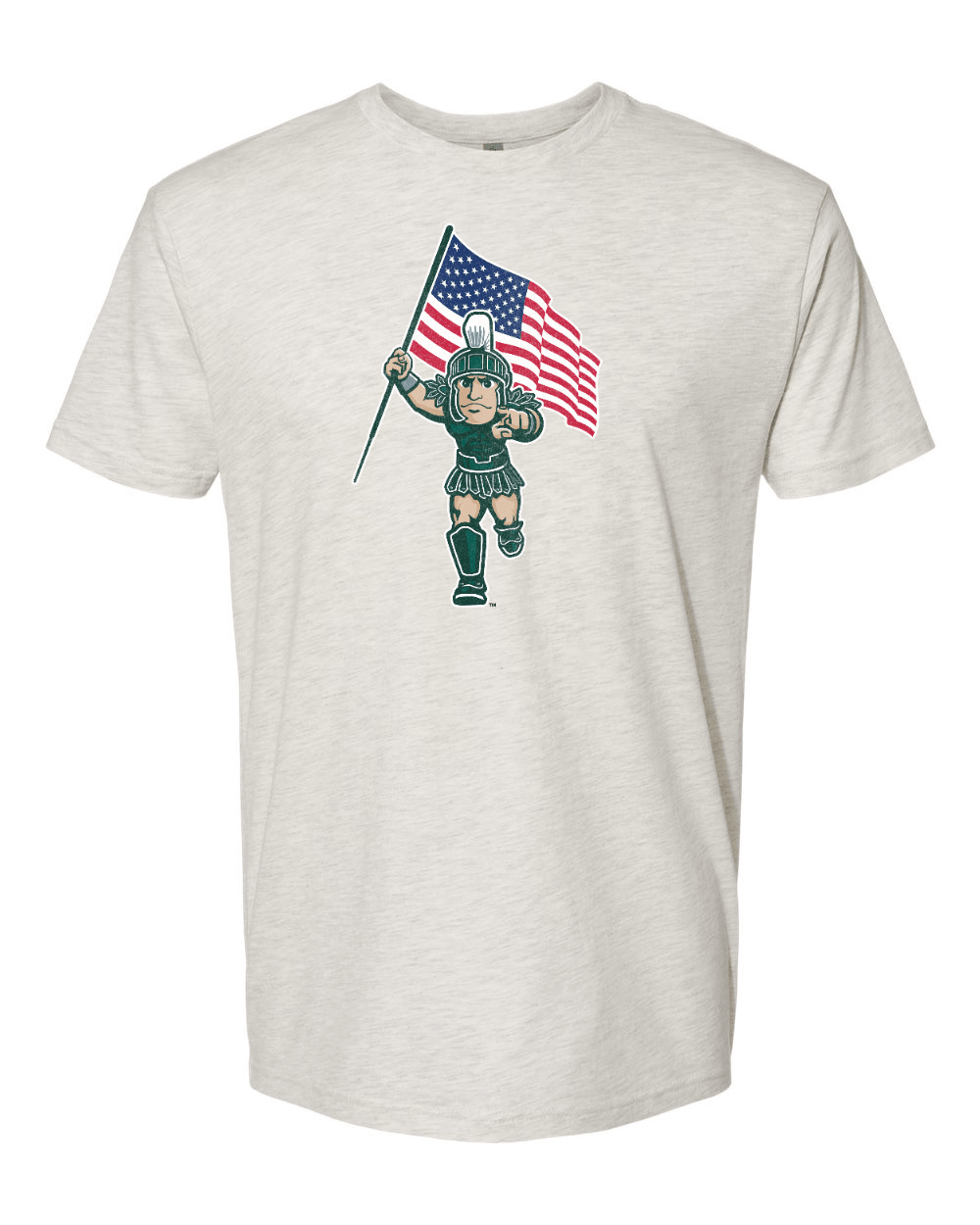 White Michigan State shirt with Sparty holding the USA flag design across the chest.