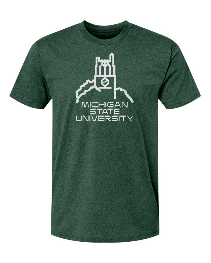 Vintage green Michigan State University shirt with a white Beaumont Tower logo printed on the front. 