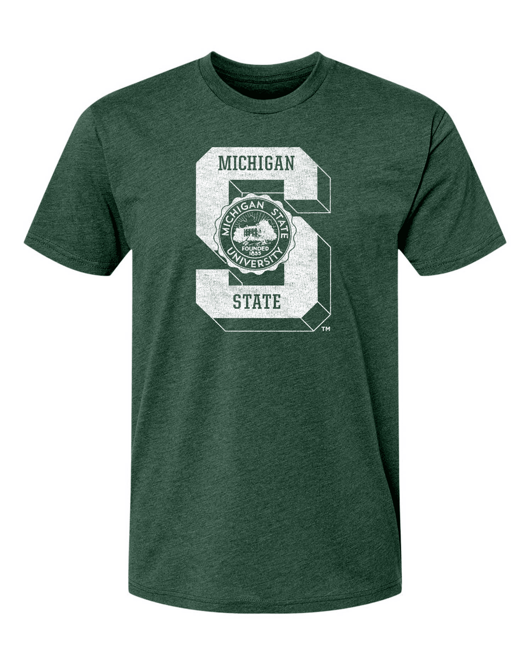 Green t-shirt with Michigan State University logo on a white background