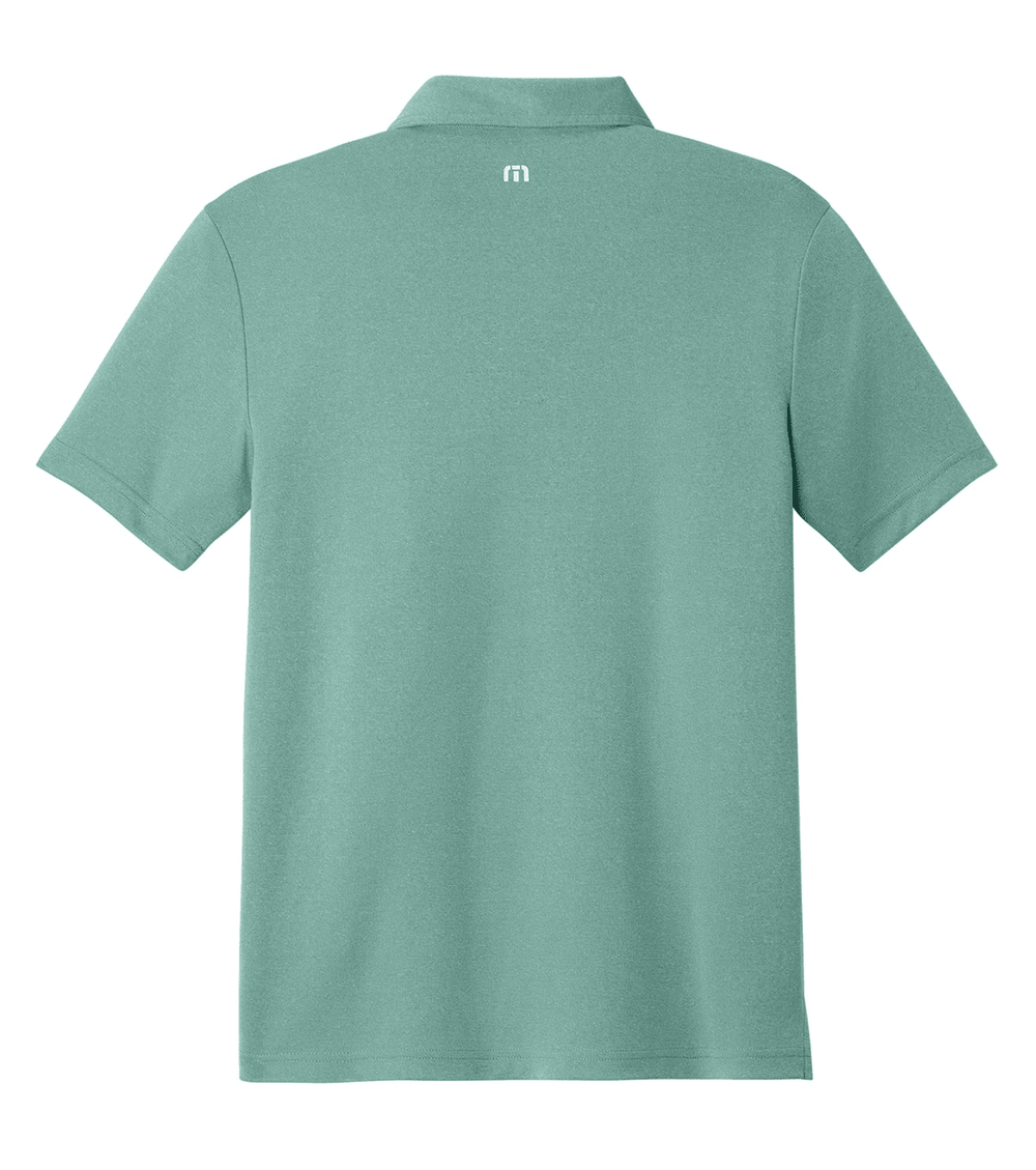 Backside of mint green short-sleeve polo shirt with.