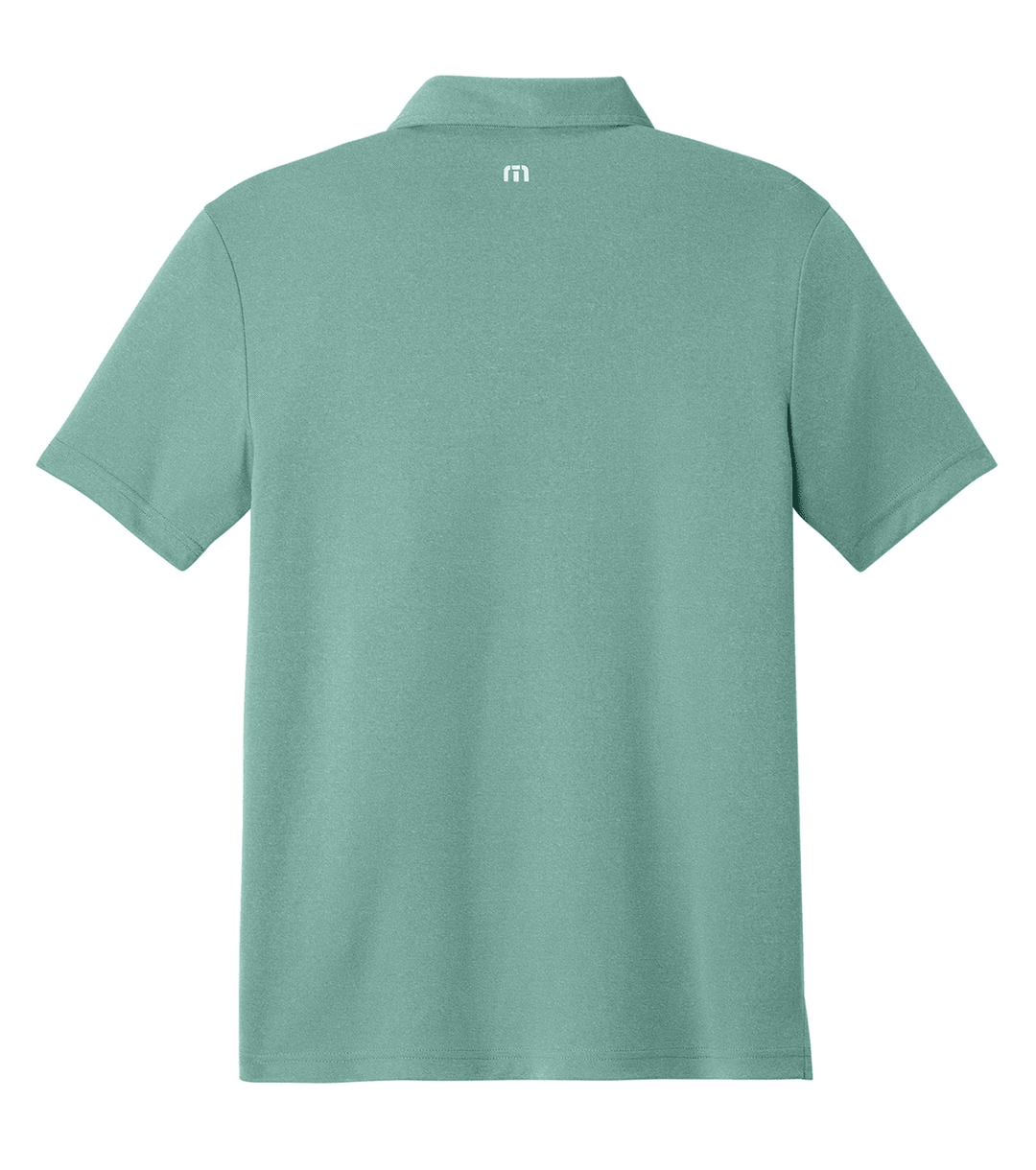Backside of mint green short-sleeve polo shirt with.