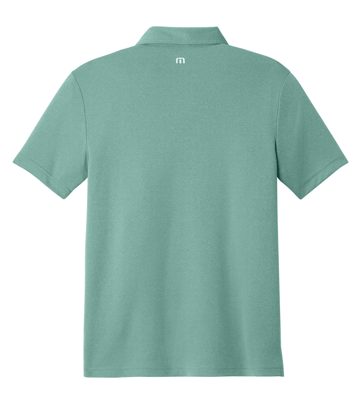 Backside of mint green short-sleeve polo shirt with.