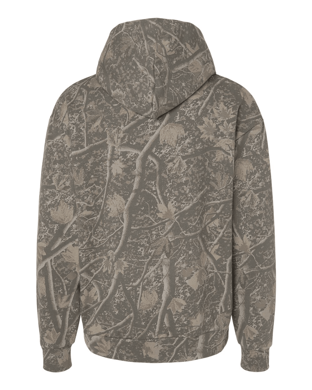 A hooded sweatshirt shown from the back, featuring an all-over tree branch and leaf camouflage pattern in muted gray, brown, and beige tones, set against a plain white background.