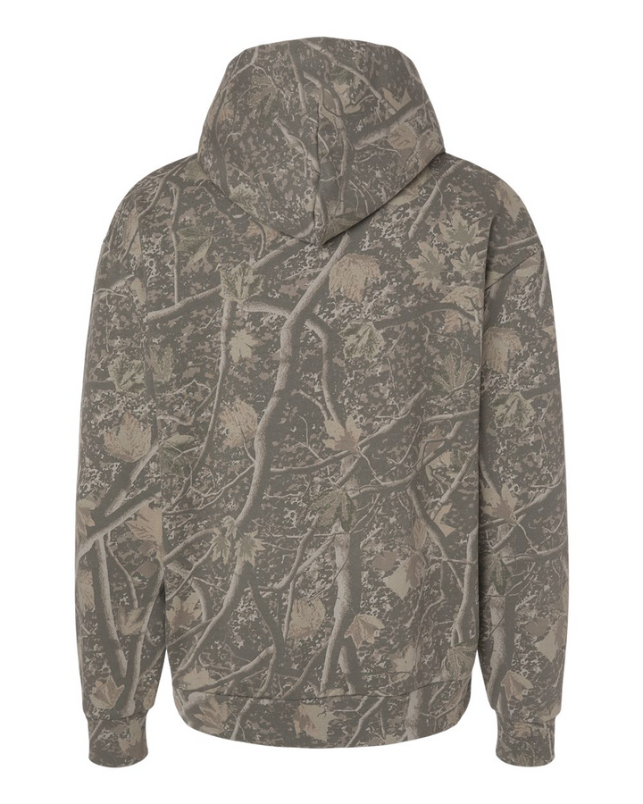 A hooded sweatshirt shown from the back, featuring an all-over tree branch and leaf camouflage pattern in muted gray, brown, and beige tones, set against a plain white background.
