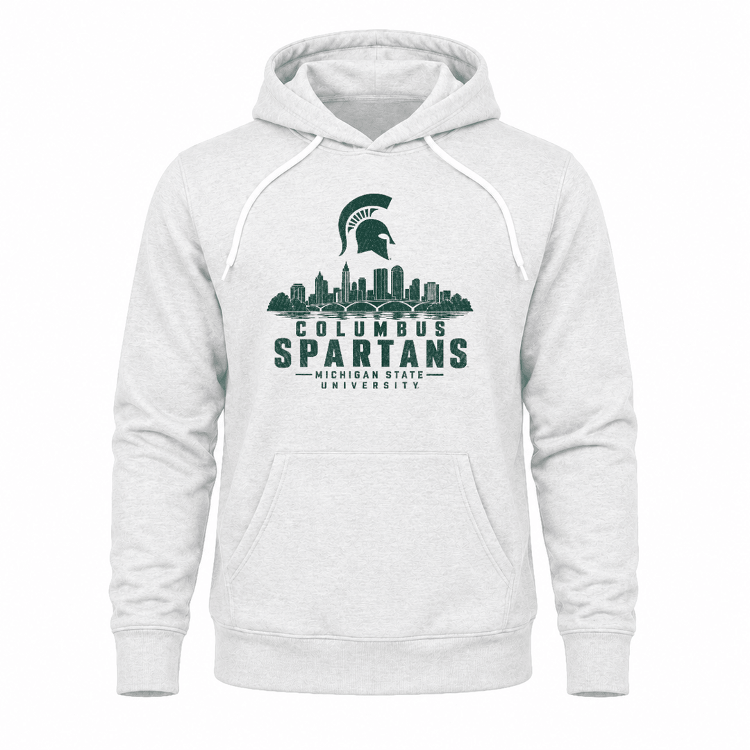 White Michigan State Columbus Spartans hoodie with Columbus skyline design across the chest.