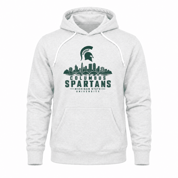 White Michigan State Columbus Spartans hoodie with Columbus skyline design across the chest.