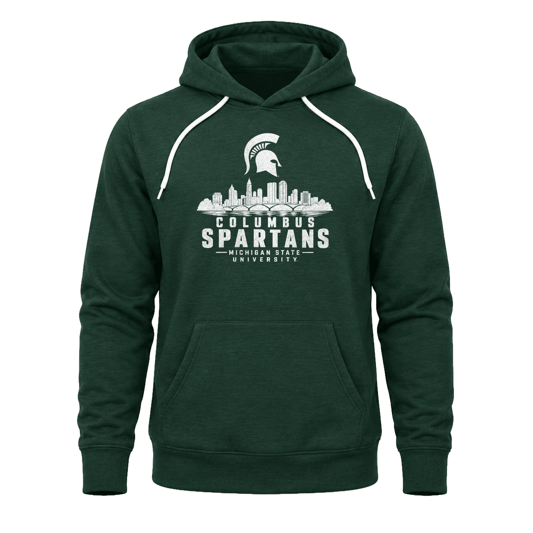 Green Michigan State Columbus Spartans hoodie with Columbus skyline design across the chest.