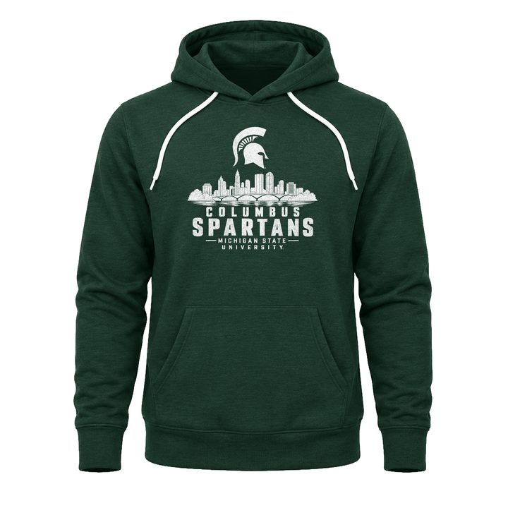 Green Michigan State Columbus Spartans hoodie with Columbus skyline design across the chest.