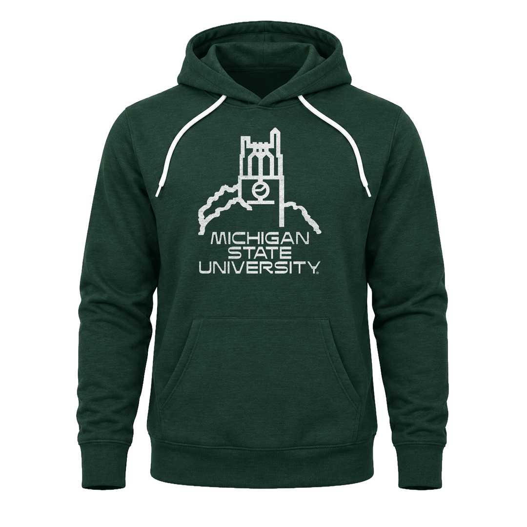 Green Michigan State University hoodie with Beaumont tower design across chest.