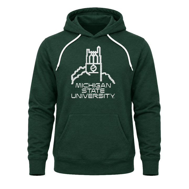 Green Michigan State University hoodie with Beaumont tower design across chest.