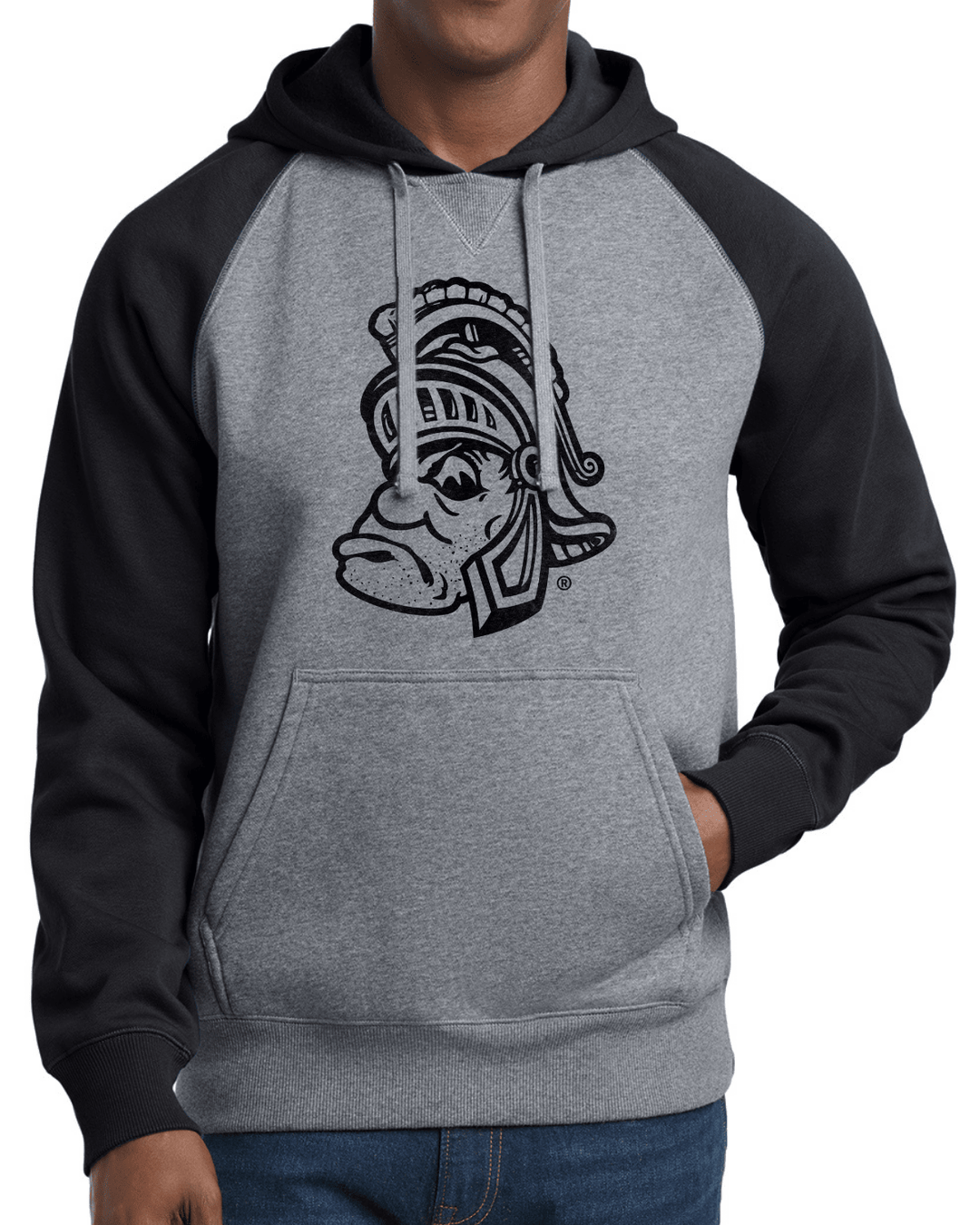 Frontside shot of male model wearing heavyweight Michigan State hoodie sweatshirt with Gruff Sparty design printed across chest.