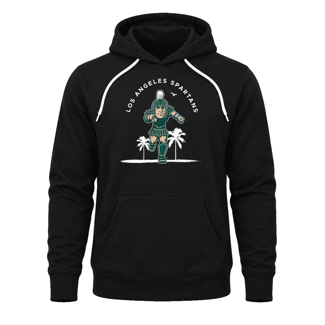 Black Michigan State Los Angeles Spartans hoodie sweatshirt with Sparty logo and palm trees design.