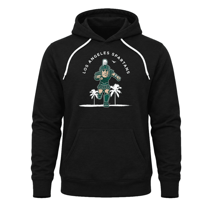 Black Michigan State Los Angeles Spartans hoodie sweatshirt with Sparty logo and palm trees design.
