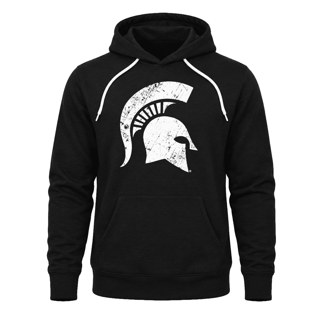 Black Michigan State sweatshirt hoodie with white Spartan helmet design in middle of chest.