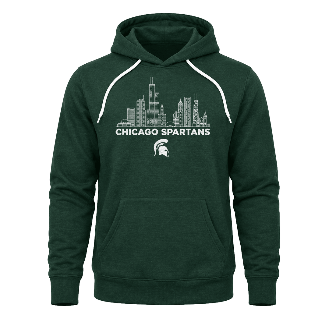 Green Michigan State Chicago Spartans sweatshirt hoodie with Chicago skyline design printed across chest.