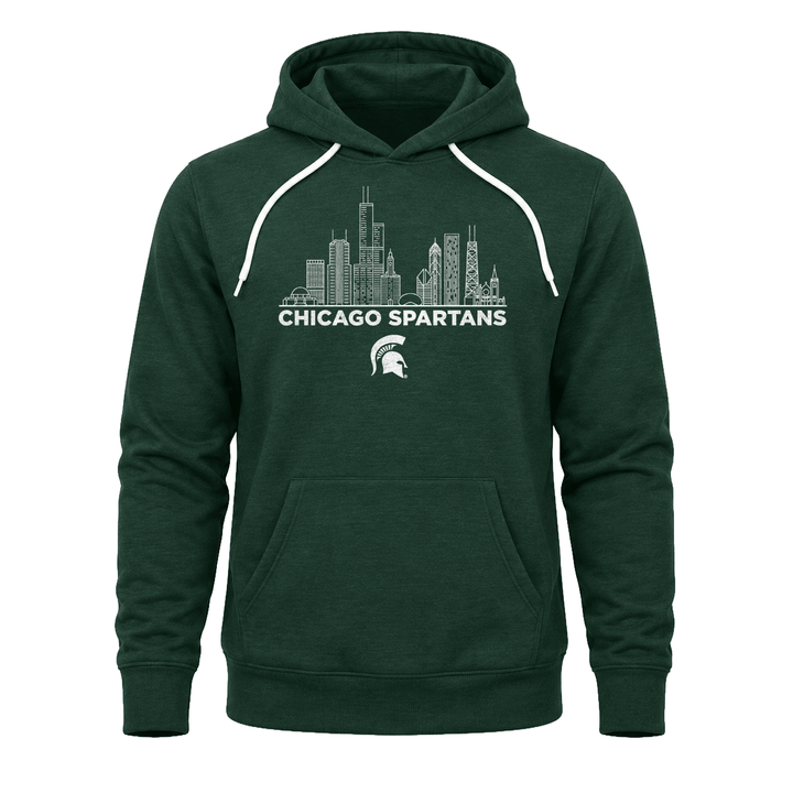 Green Michigan State Chicago Spartans sweatshirt hoodie with Chicago skyline design printed across chest.