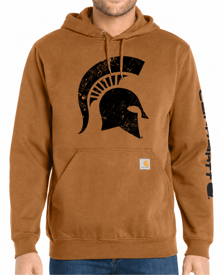 Light brown Carhartt Michigan State Spartan helmet sweatshirt hoodie.