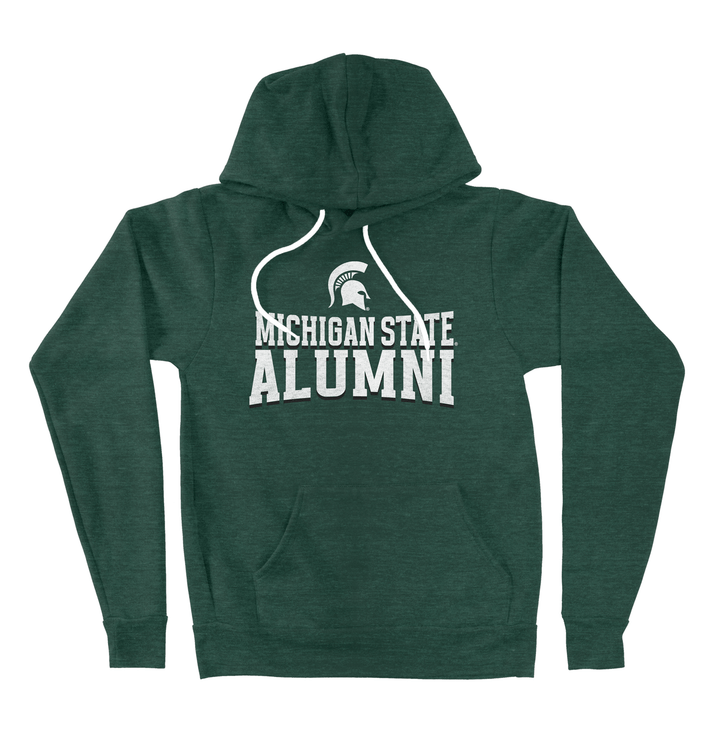 Green hoodie with 'Michigan State Alumni' text and Spartan logo on a white background