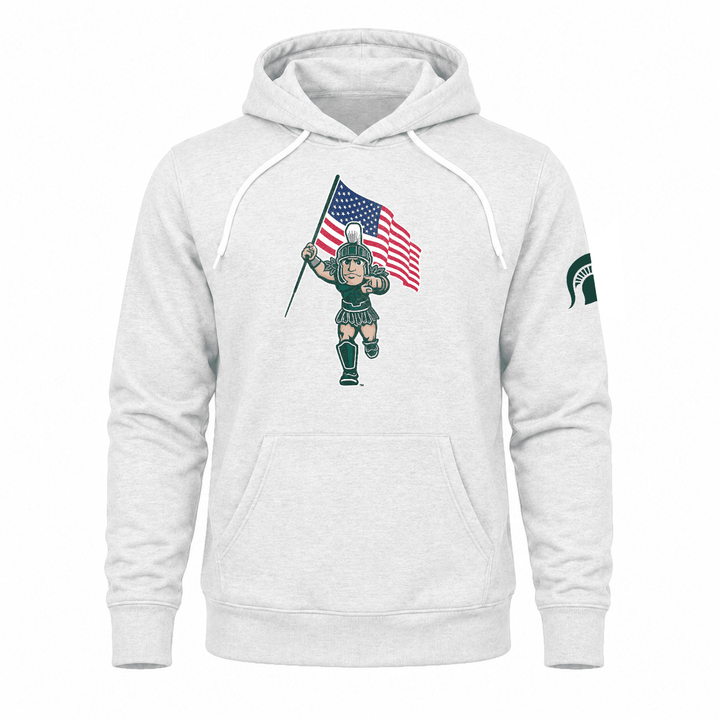 White Michigan State hoodie with design of Sparty holding a USA flag printed across chest.