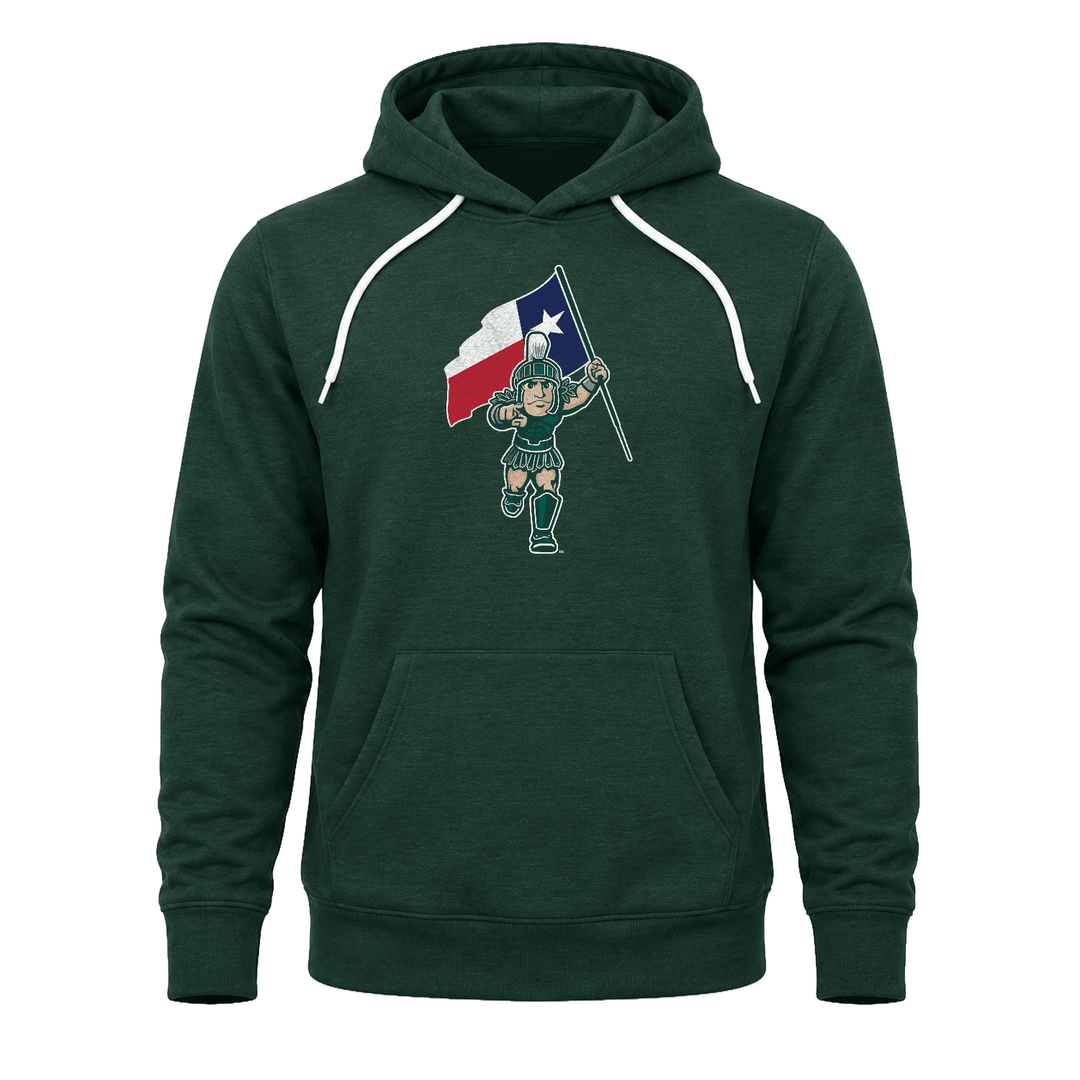 Green Michigan State Texas Spartans hoodie with Sparty holding Texas flag design across the chest.