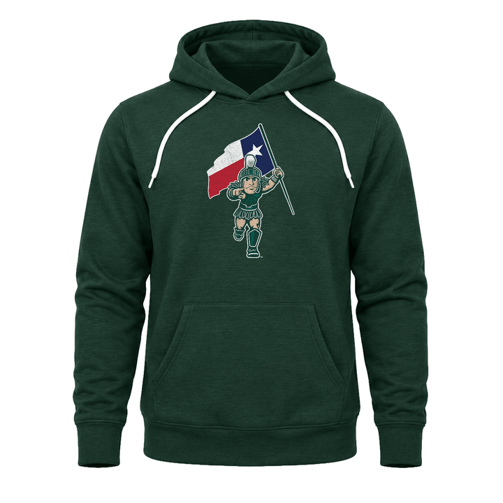 Green Michigan State Texas Spartans hoodie with Sparty holding Texas flag design across the chest.
