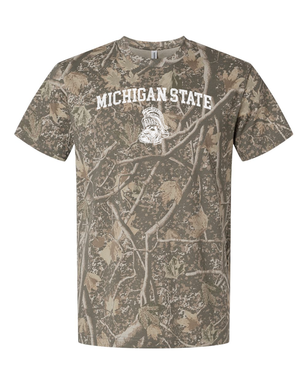 A short-sleeve crewneck t-shirt featuring a full-bleed Realtree Edge camouflage pattern in shades of brown, beige, and gray. The front has a white graphic print reading 'MICHIGAN STATE' above a white interlocking M logo.