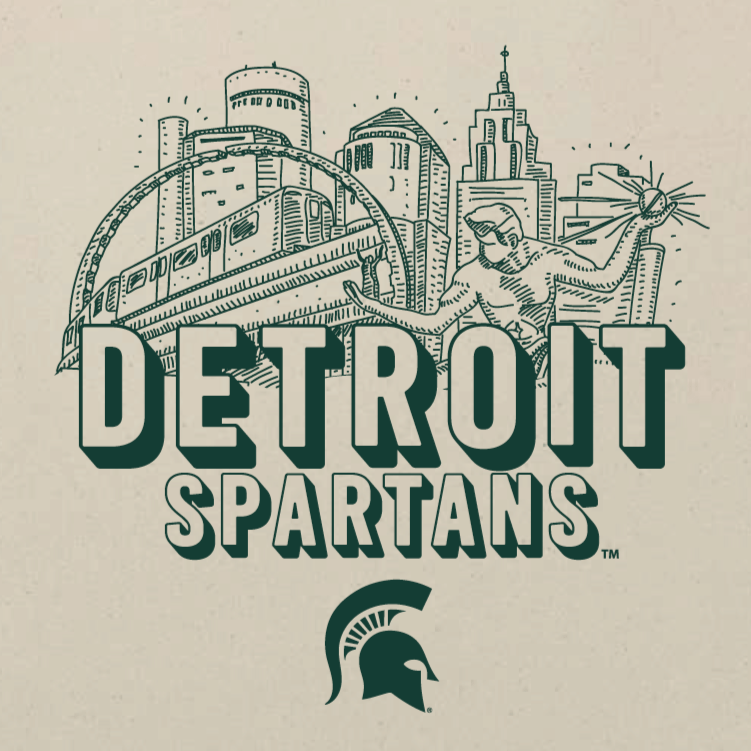Close up view of a Michigan State tote bag printed with the Detroit Spartans logo in green ink. 