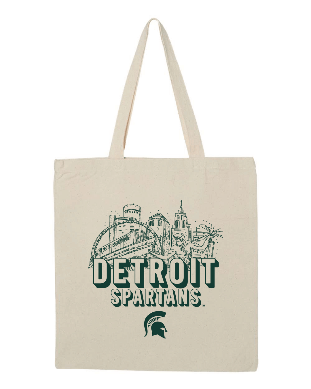 Natural colored Michigan State tote back with Detroit Spartans printed in green ink.