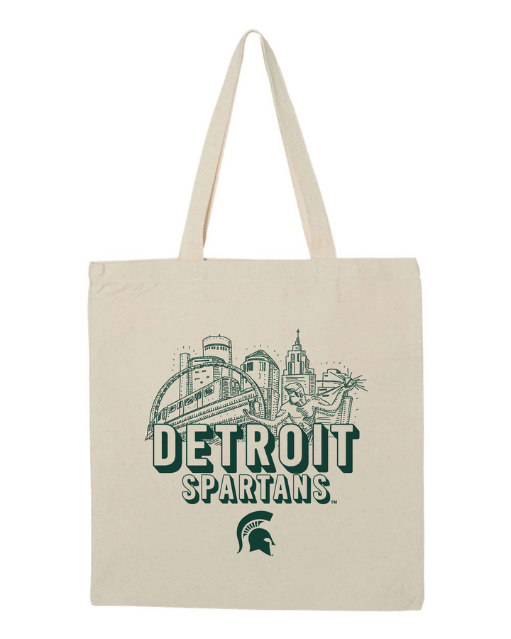 Natural colored Michigan State tote back with Detroit Spartans printed in green ink.