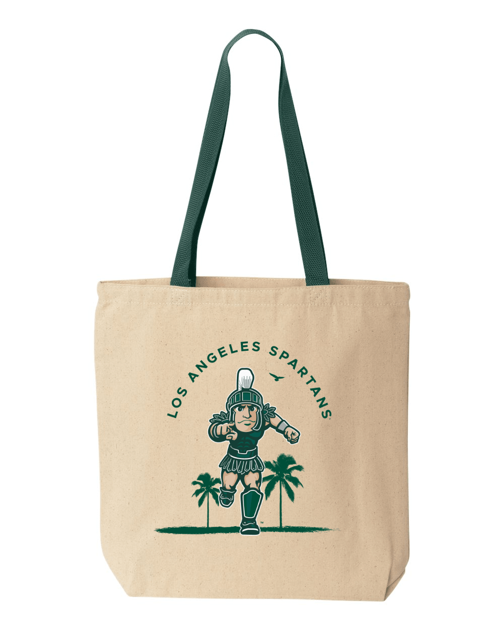 Beige Michigan State Los Angeles Spartans tote bag with Sparty logo and palm trees design