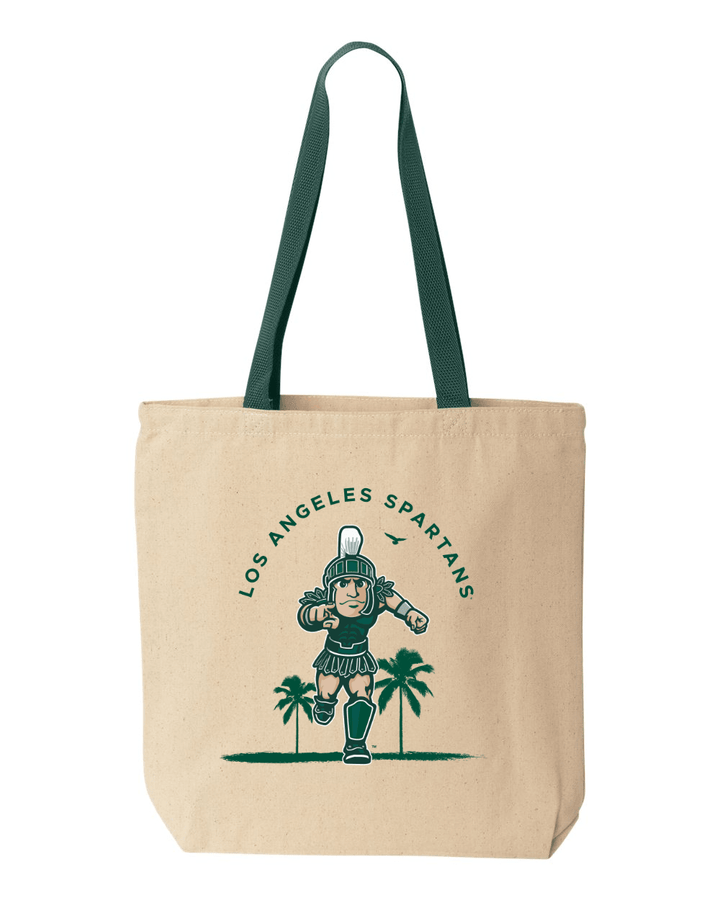 Beige Michigan State Los Angeles Spartans tote bag with Sparty logo and palm trees design