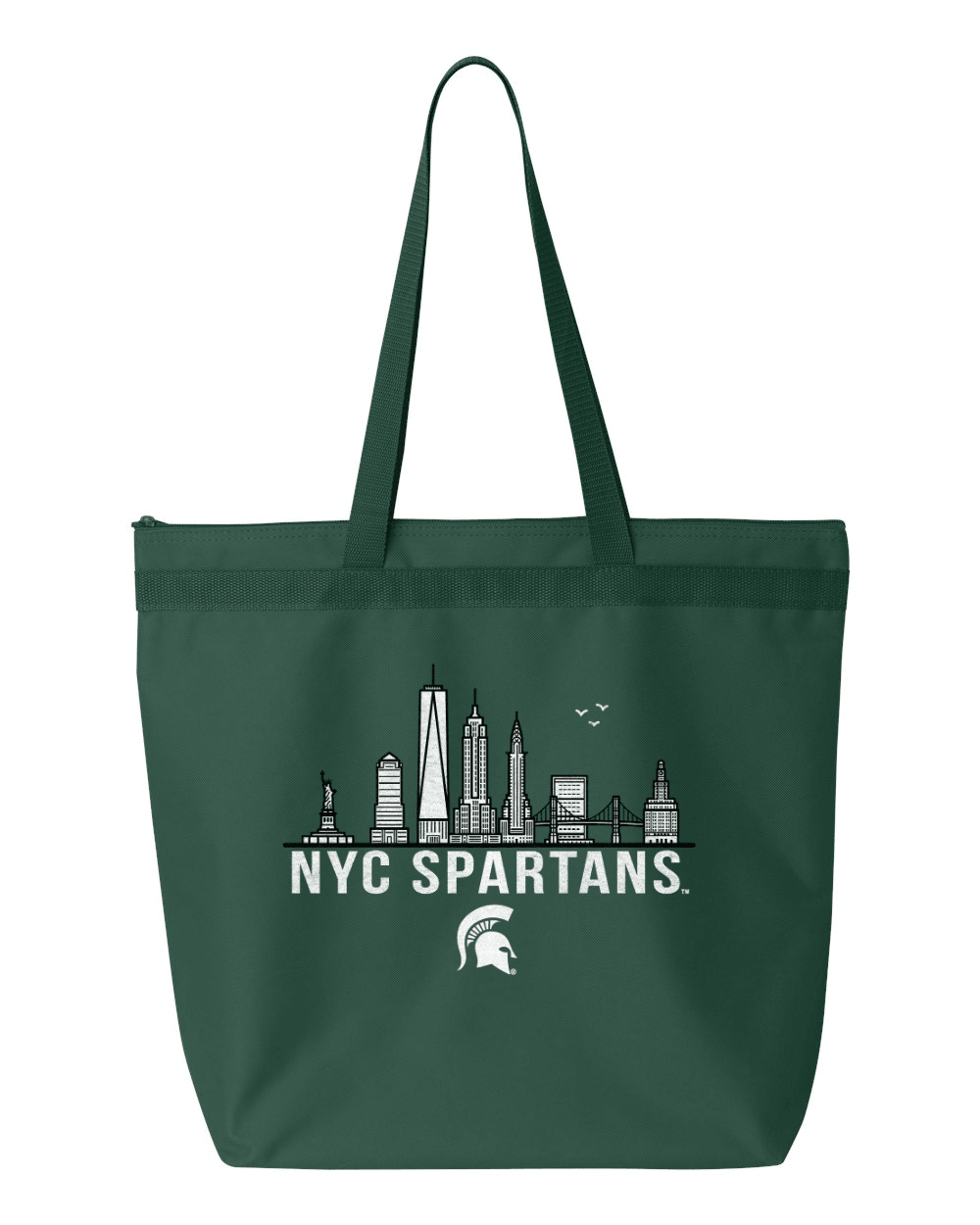 Green Michigan State tote bag with NYC Spartans design across center of bag. 