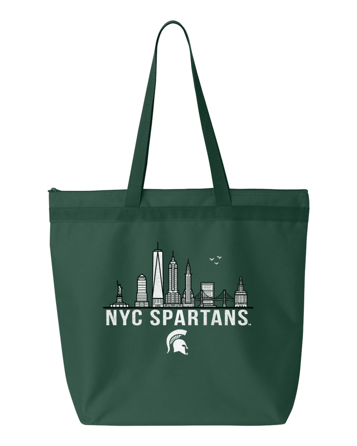 Green Michigan State tote bag with NYC Spartans design across center of bag. 