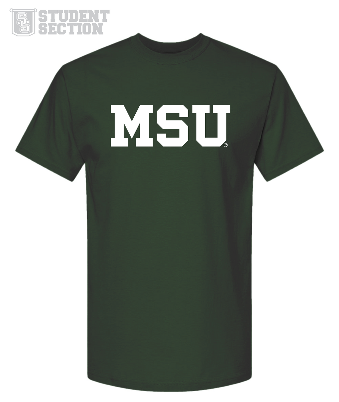 Dark green MSU t-shirt with bold white block letters, perfect Michigan State fan gear for college game day or student apparel on white background