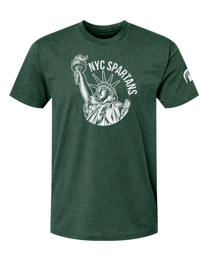 Green Michigan State NYC Spartans shirt with Statue of Liberty design.